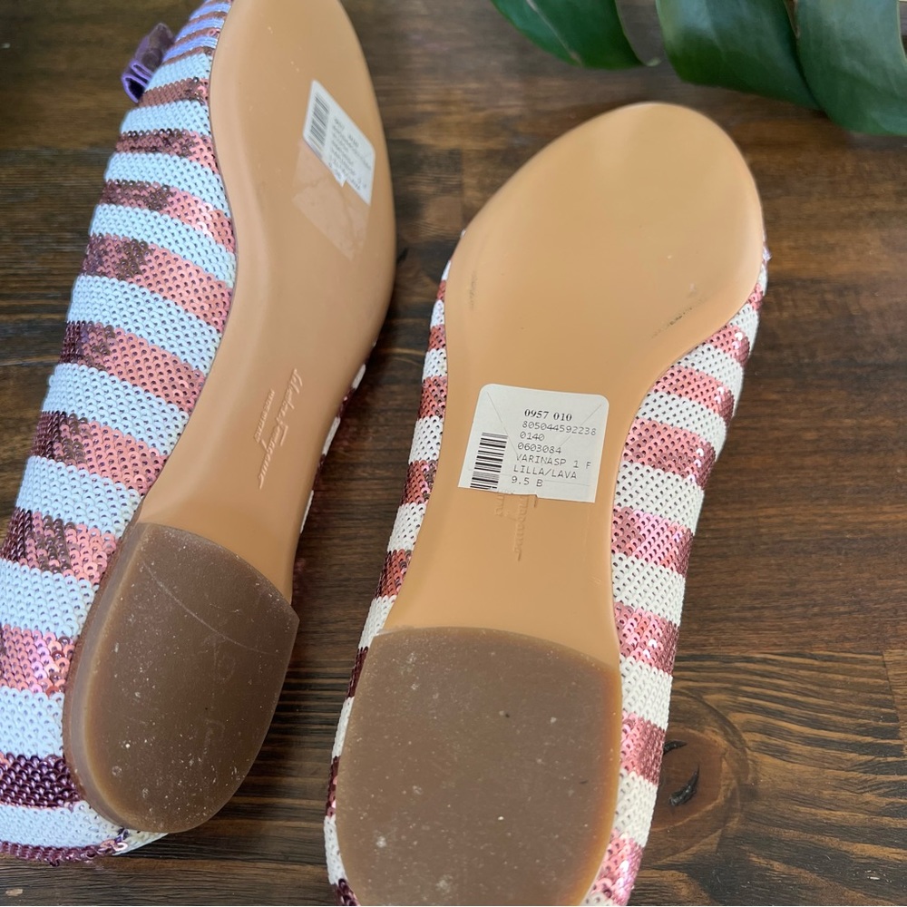 NEW! Salvatore Ferragamo $850 Varina Pink/White Sequin Vara Bow Flats 9.5B - Picture 11 of 12
